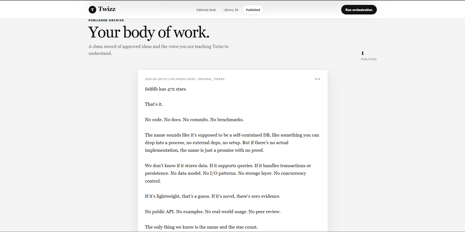 Twizz published archive showing an approved technical thread